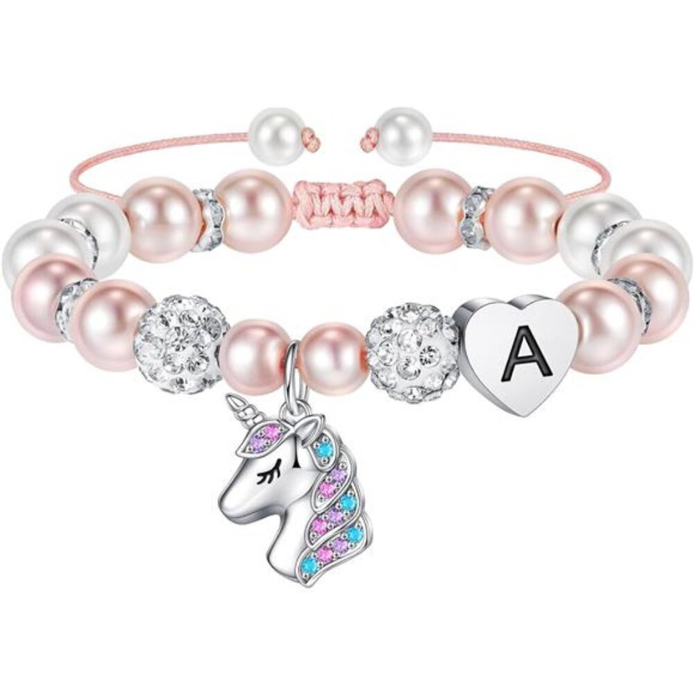 Girls Unicorn Bracelet Adjustable Pink Pearl Rhinestone Heart Initial Jewelry Gi
